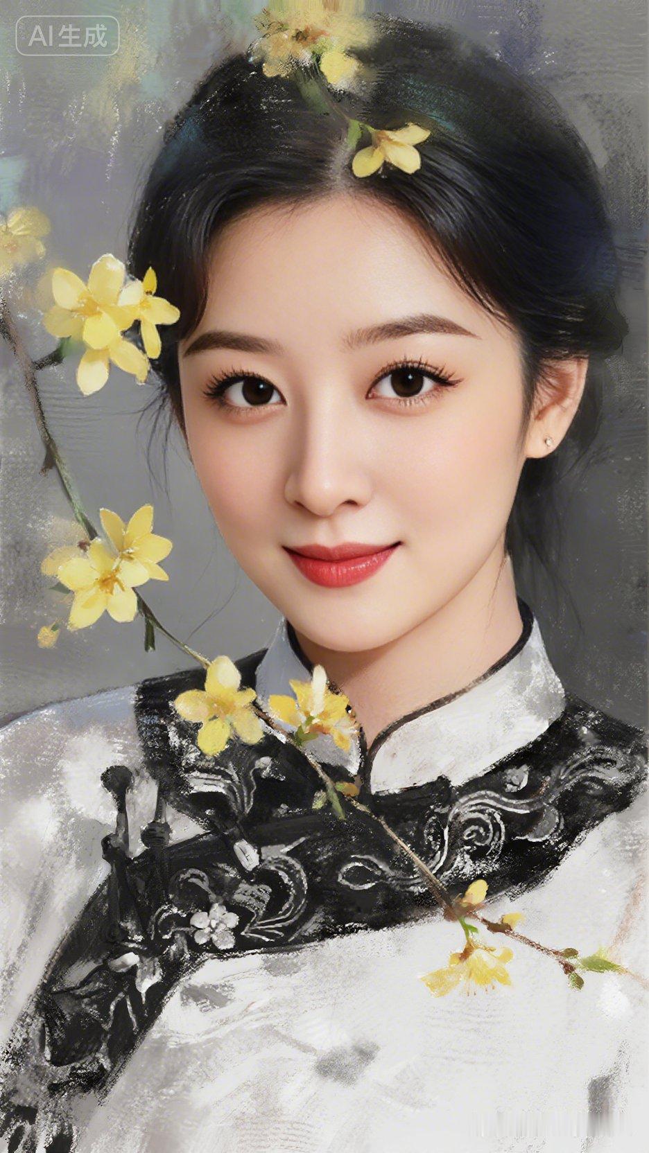 东方美人，花间仙子，黑发红唇，古典优雅。