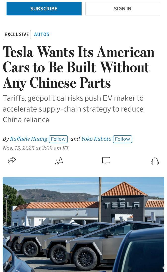 继通用汽车后，特斯拉也要求其供应商在生产美国汽车时排除中国制造的零部件😲在美生