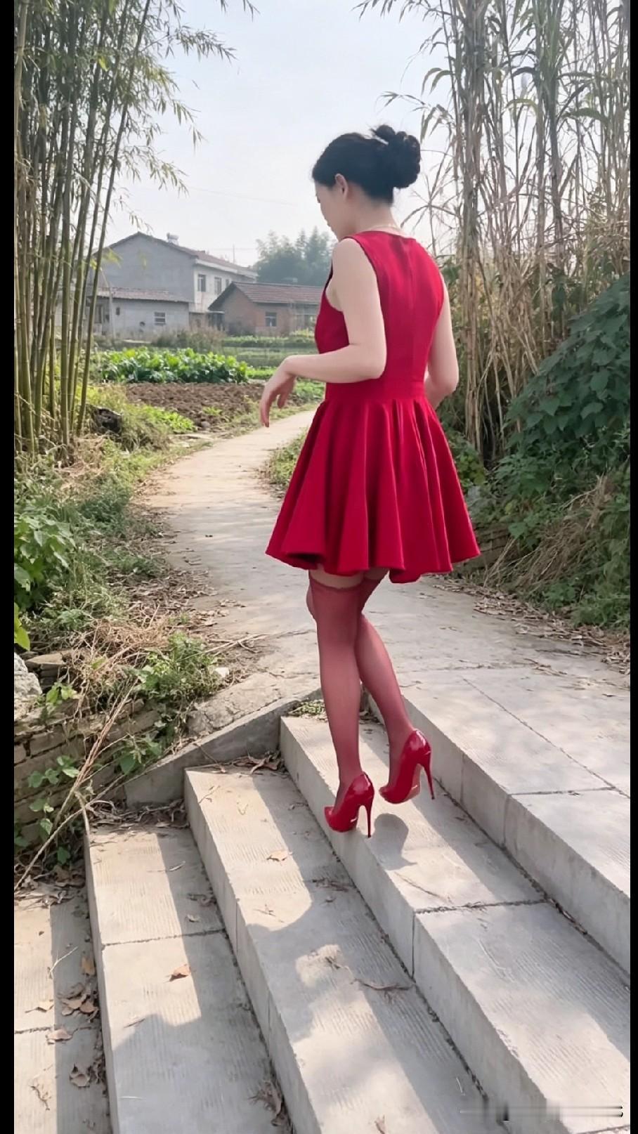 不少人凑在一块儿闲聊，说在乡下就该穿得素净些，红裙子配红高跟，走在路上太过惹眼。