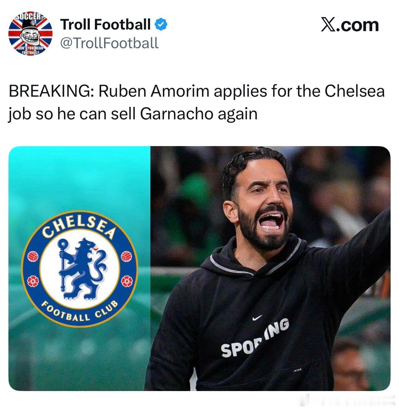 什么叫流量，这就叫流量推上玩梗：阿莫林要去申请成为切尔西主教练，这样他就能再卖加