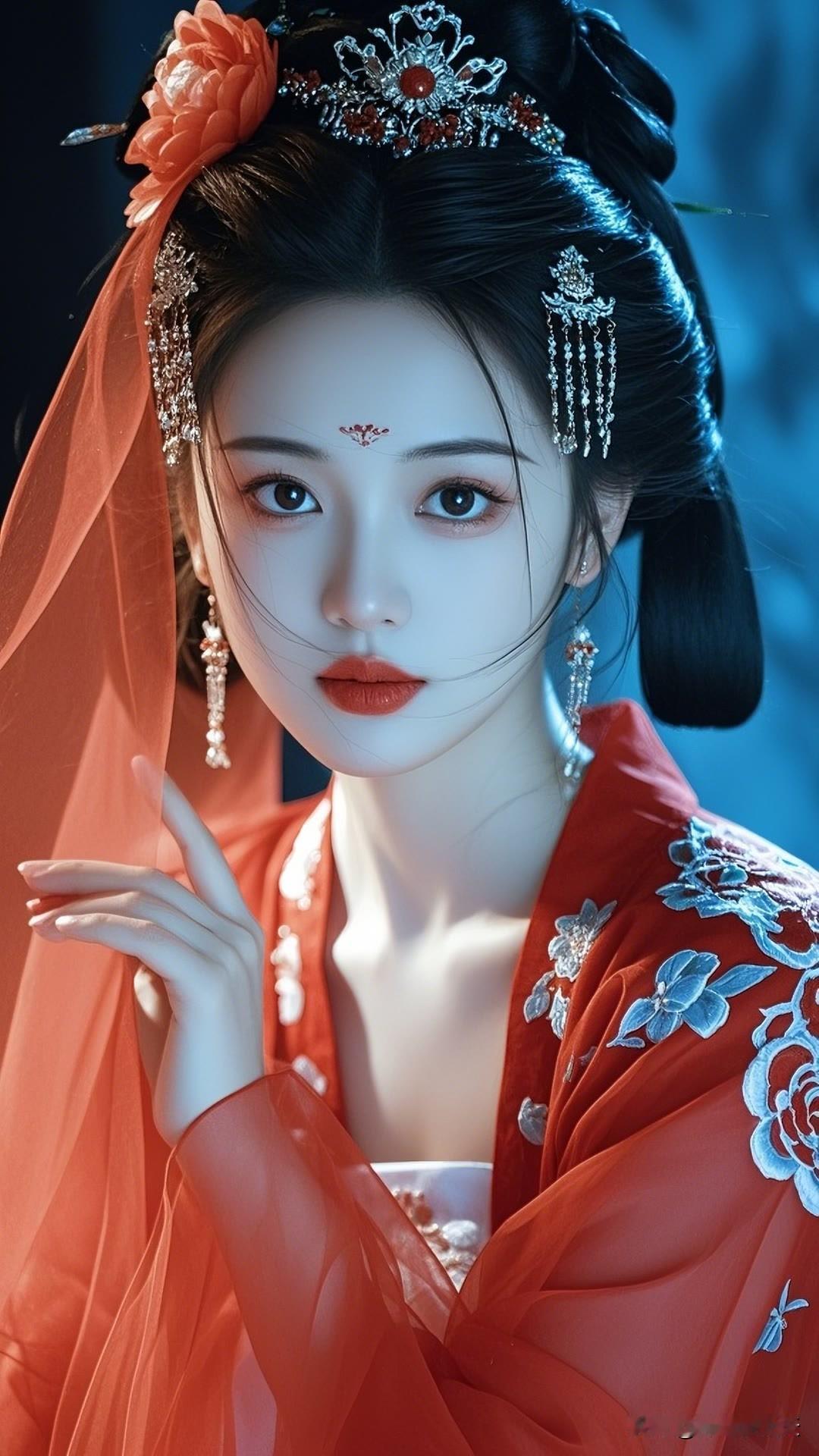 她着古装，身姿婀娜，眉眼如画，浅笑间似有千年韵味，美得让人窒息！古韵红衣女神 国