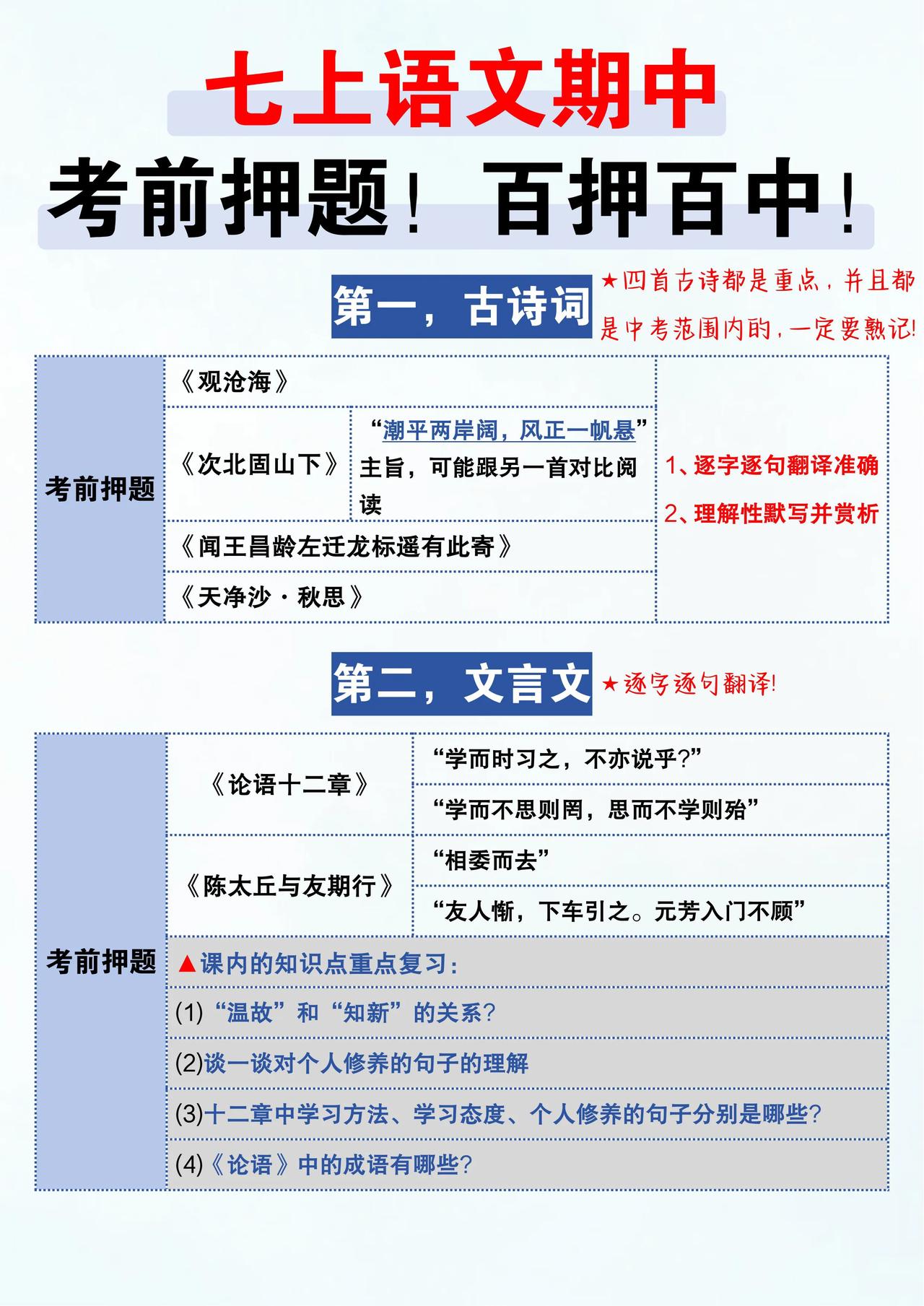 七上语文期中考前押题‼️百押百中💯