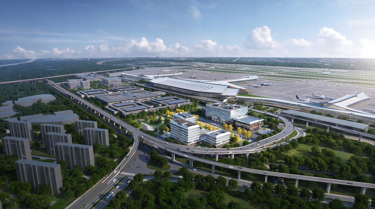 太原机场✈️…
未来感十足的机场航拍图，
科技与自然完美融合！🛫️🌳