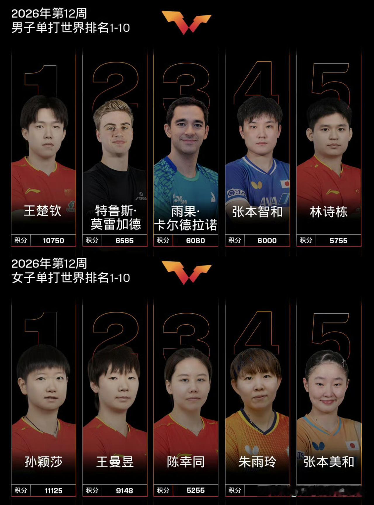 男单世界排名前五，男队只有两个人。
女单世界排名前五，女队只有三个人。
林诗栋一