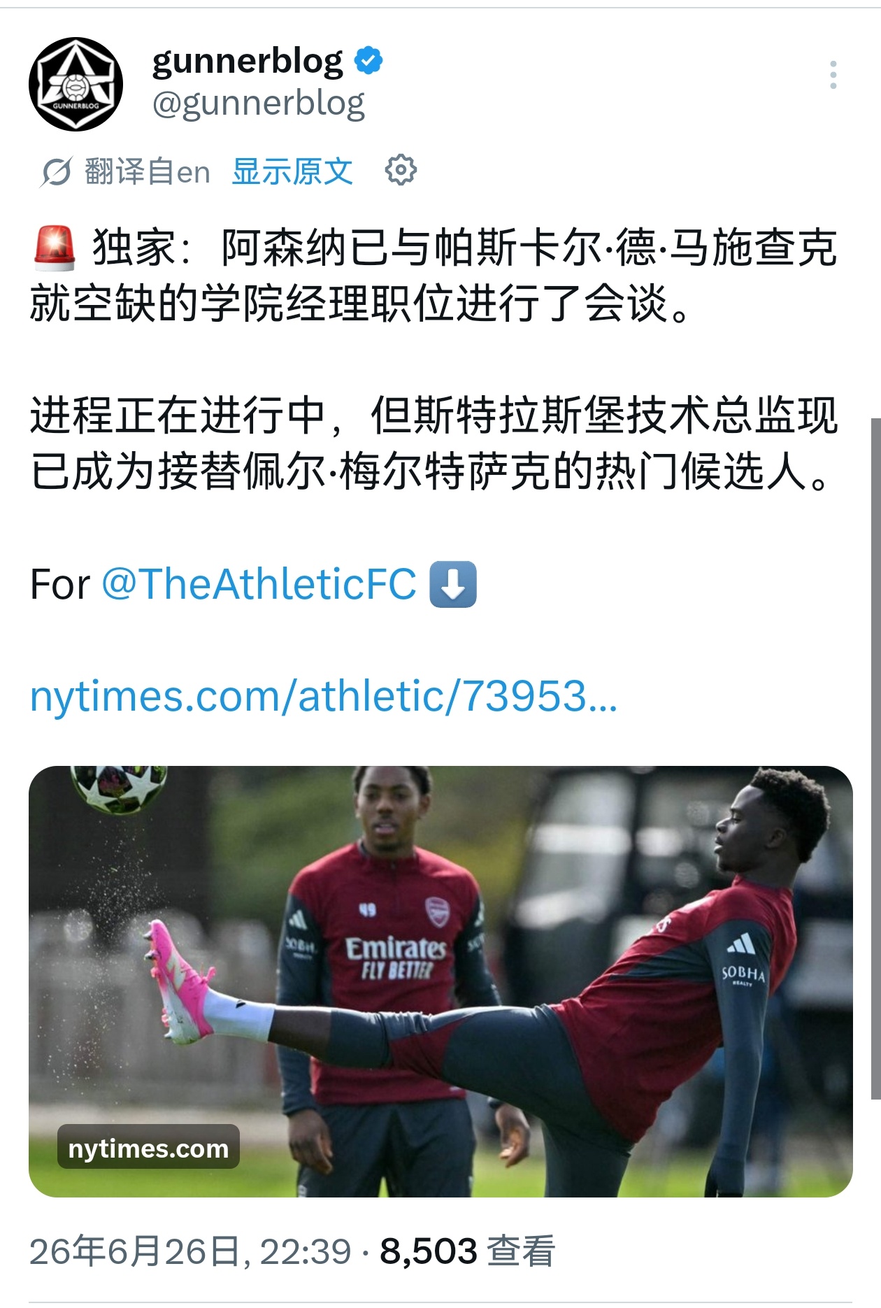 新的青训总监阿森纳
