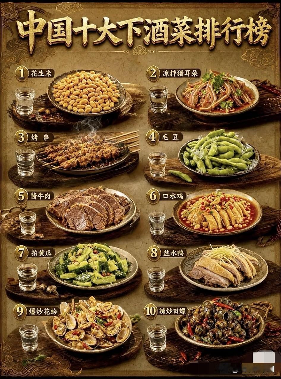 中国十大下酒菜！
哪个是你心中的下酒菜？
1、油炸花生米。南北通用，嚼一粒下一口