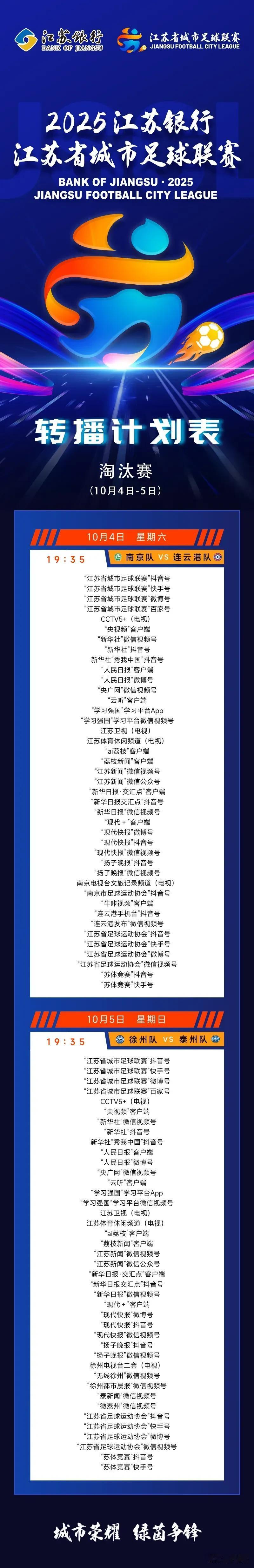 这就是苏超淘汰赛的牌面，有40多家的新闻媒体，转播南京与连云港，徐州与泰州队的比