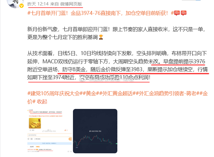 【周三  7月1日总结，盈利410点利润】 第一单：金品3976/3983做空，