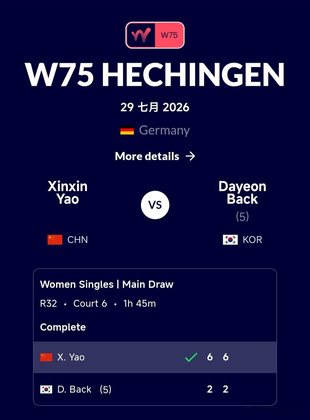 W75赫辛根站🇩🇪女单第1轮姚欣辛🇨🇳6-2/6-2战胜5号种子白多妍?