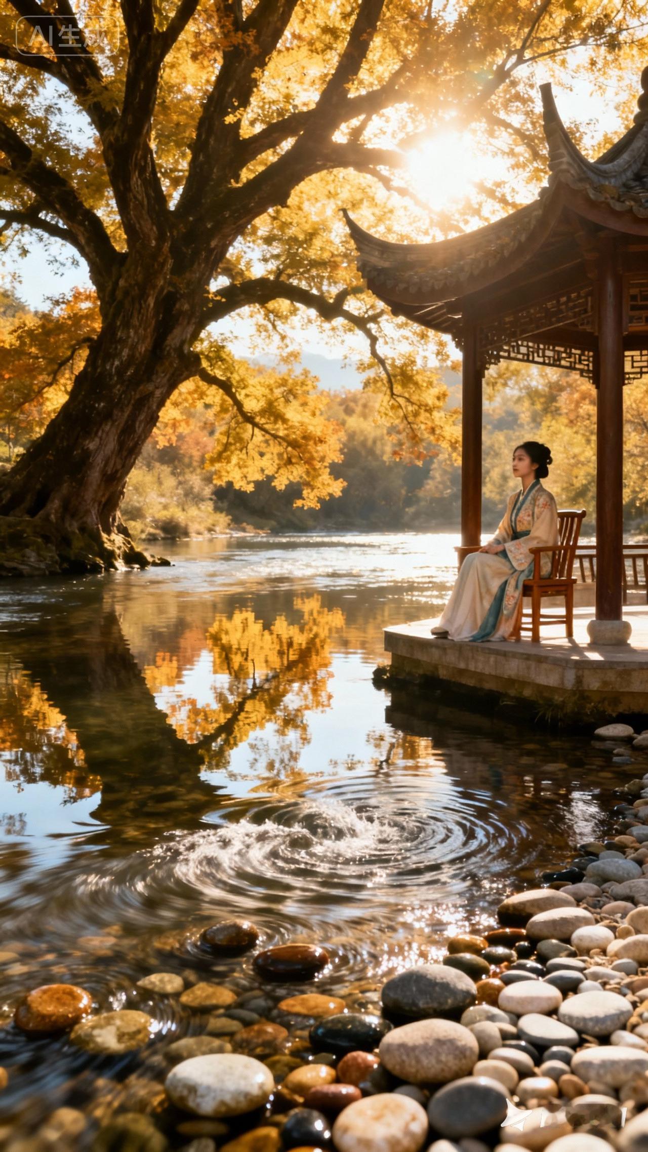 秋天的景色真美，坐在亭子里好享受。