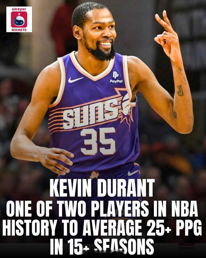 NBA历史上在15个以上赛季中平均每场得分至少25+的球员：詹姆斯—20杜兰特—