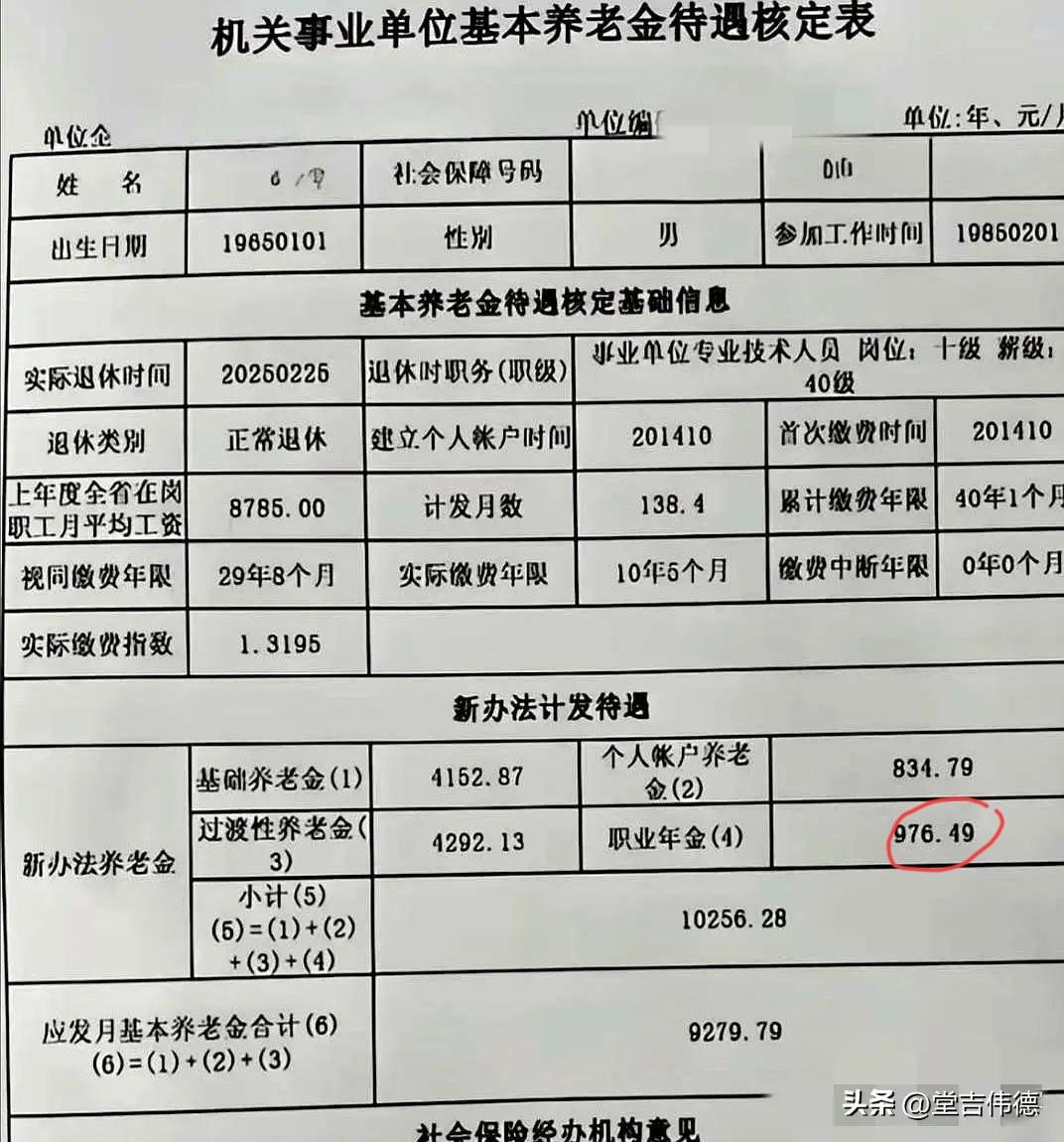 大家发现没有？
这位友友的养老金是10256.28元，其中包括职业年金976.4