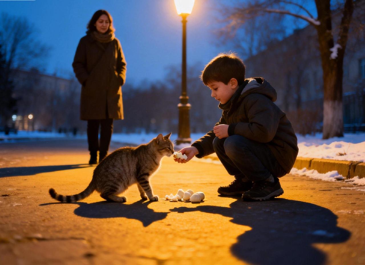 昨晚散步时，看到一个小男孩蹲在路灯下，把手里掰成小块的馒头，仔细喂给一只瘦瘦的流