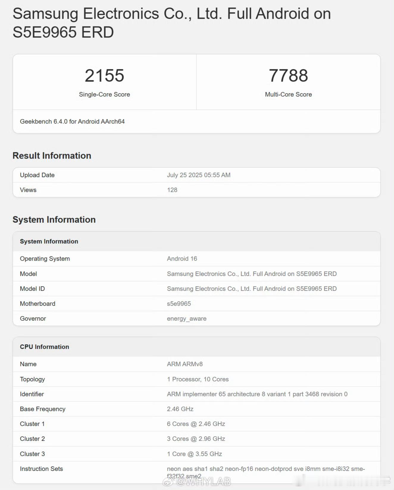 全球首款 2nm 芯片 Geekbench 6 跑分曝光，三星 Exynos 2