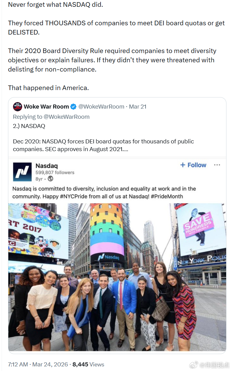 永远不要忘记纳斯达克指数曾经做过什么。他们强迫成千上万家公司满足董事会的DEI（