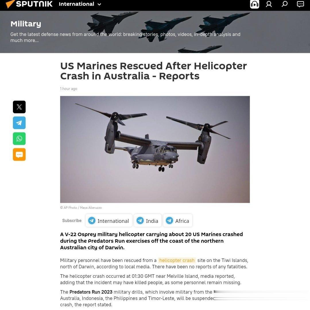 #一架美军机在澳大利亚军演时坠毁#美国海军陆战队在澳大利亚直升机坠毁后获救-报道