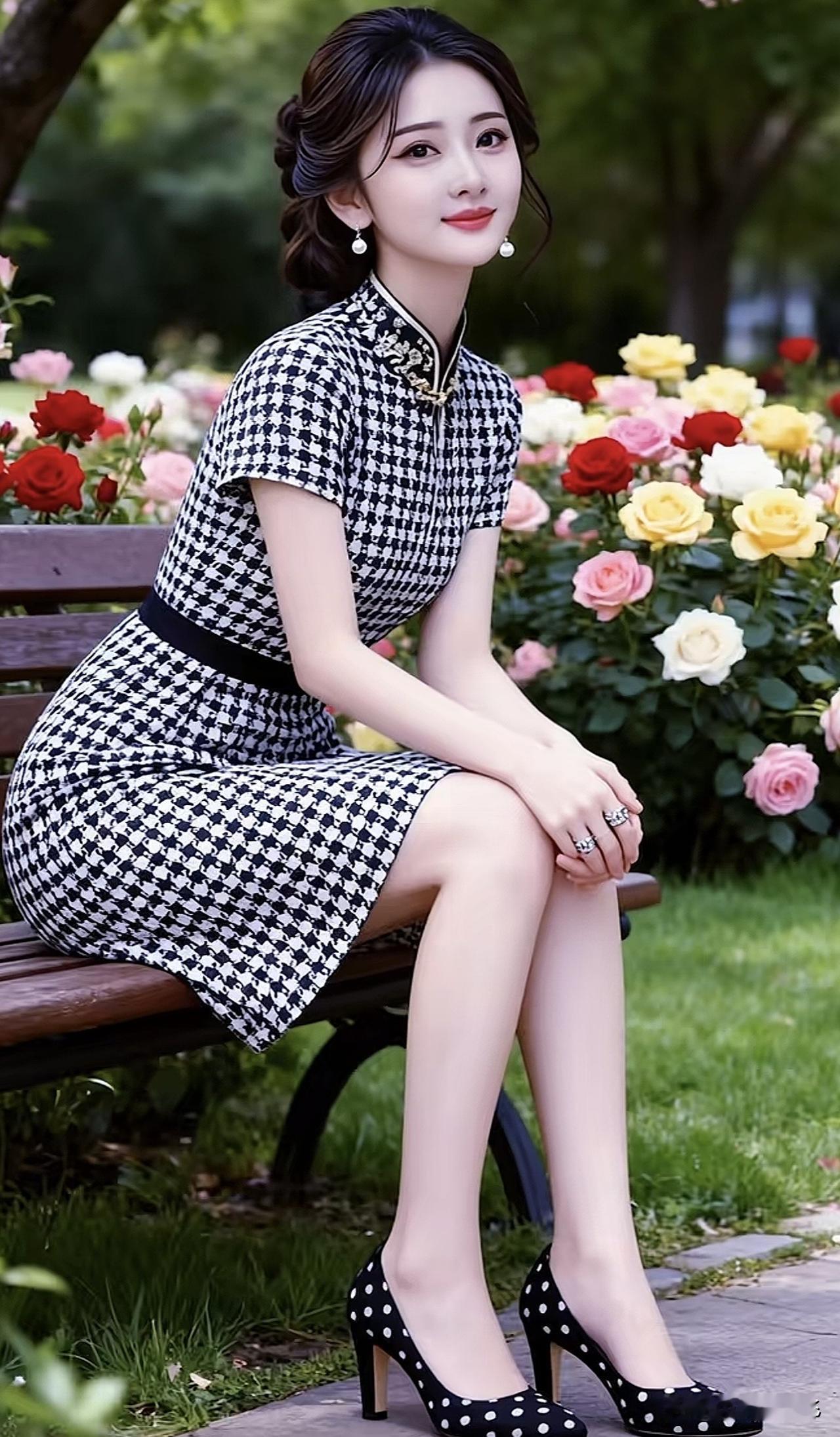 优雅复古风，黑白格纹裙，花丛中的迷人女子黑白格纹裙穿搭 藏青花裙随拍 灰调格纹裙