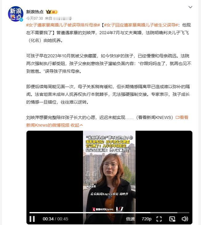 女子遭家暴离婚儿子被误导排斥母亲 刘映萍曾遭家暴，离婚获儿子抚养权，可孩子早被父