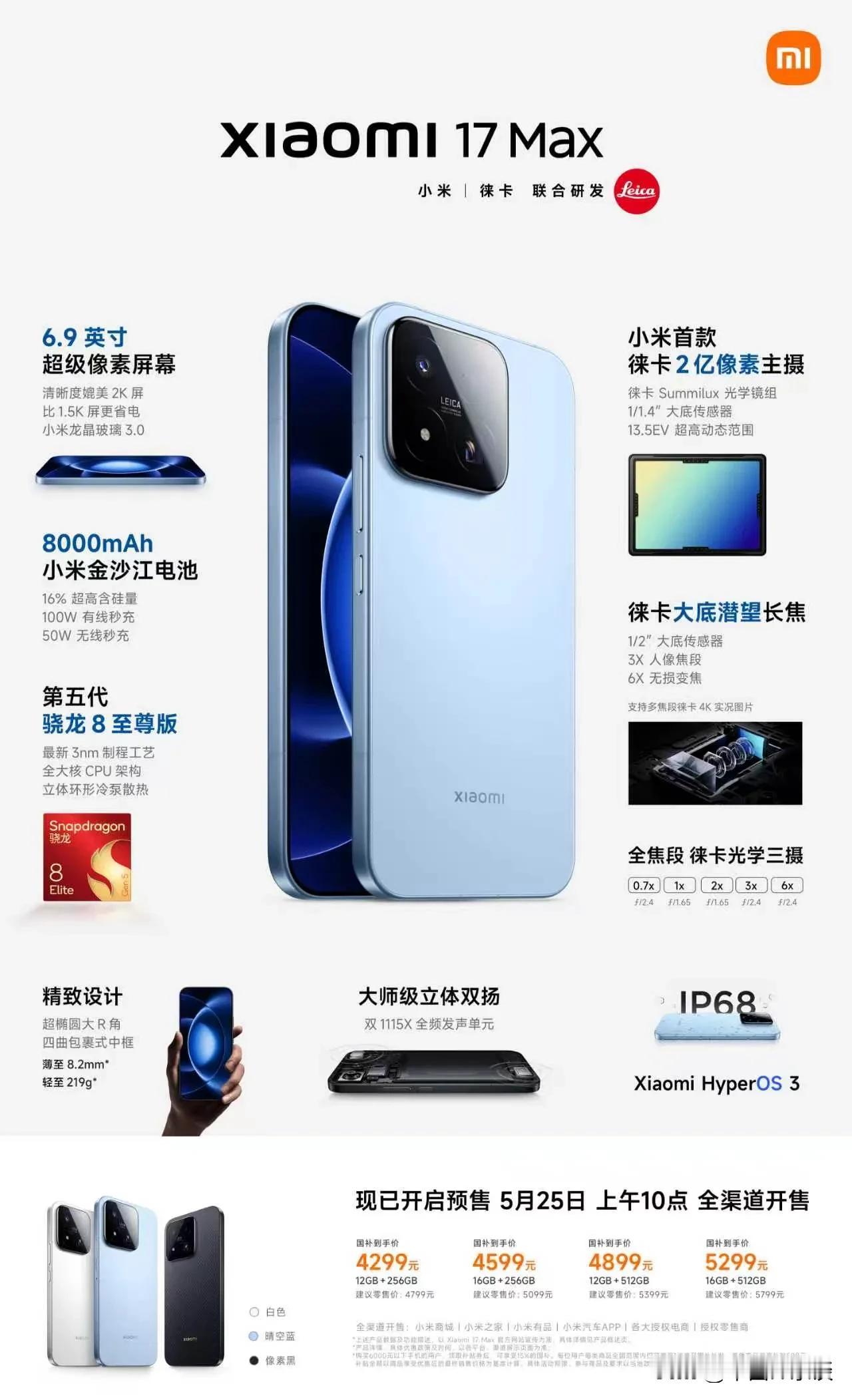 雷军发布全新小米17Max。
国补到手价4299起，内存暴涨的今天，这个价格确实
