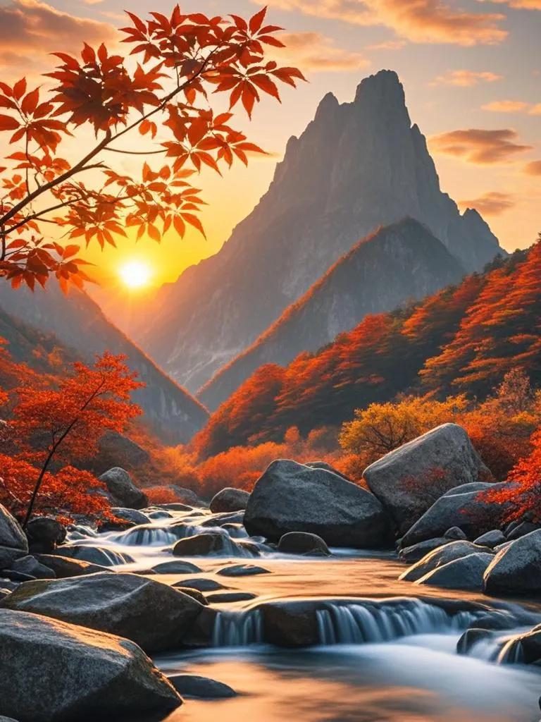 落日熔金罩鸡冠，红叶翩翩。山峦静立余晖里，溪流熠熠映霞丹。景美韵绵。自然美景诗分