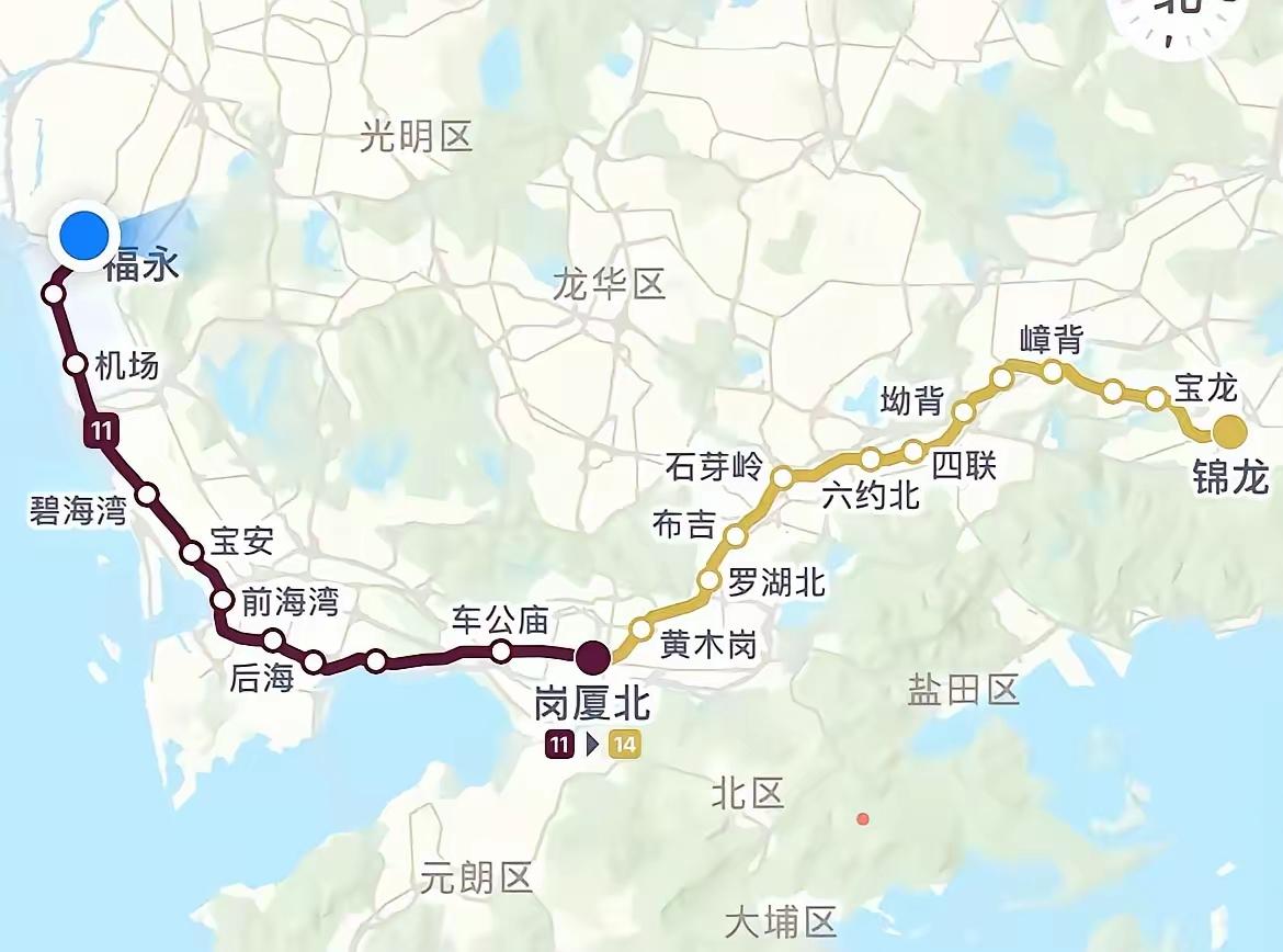深圳地铁11号线+14号线的跨线组合，西起福永，一路穿越宝安、南山、福田、罗湖，