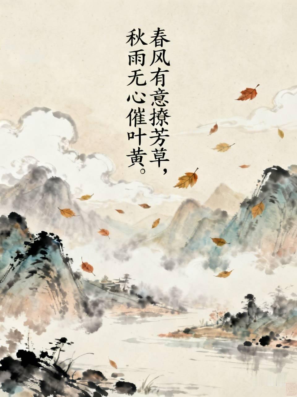 上联：春风有意撩芳草，
下联：秋雨无心催叶黄。