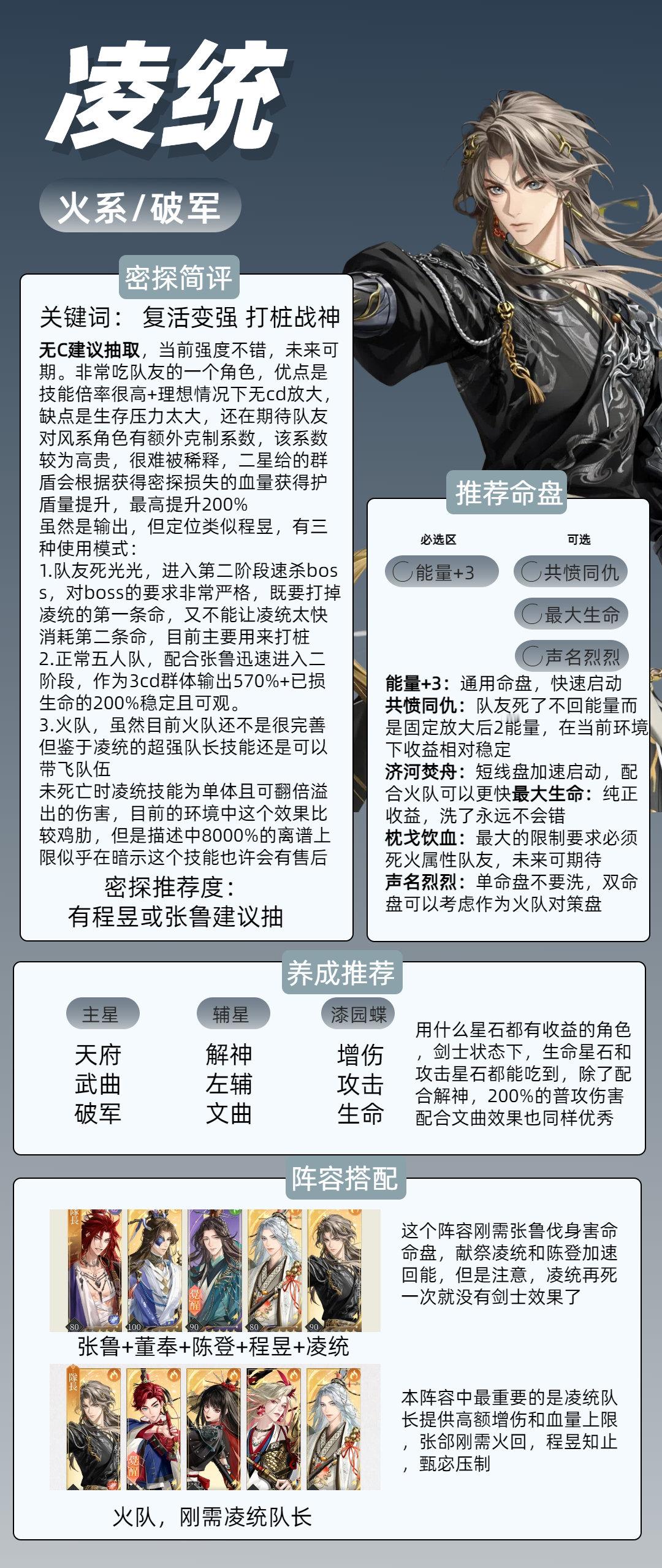 #代号鸢[超话]#当前版本凌统对单对群输出都很不错，但比较吃队友，对风系敌人有额