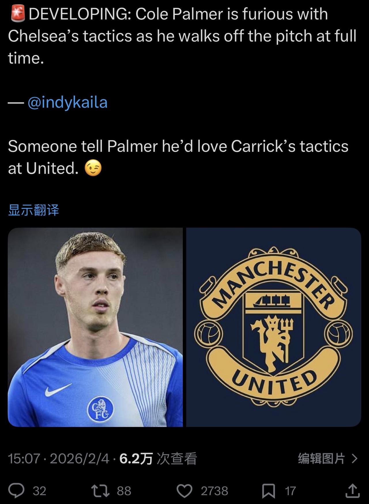 有啥用？
再炒作帕尔默不满切尔西，曼联也买不起，何况现在买来也没位置给他。
……