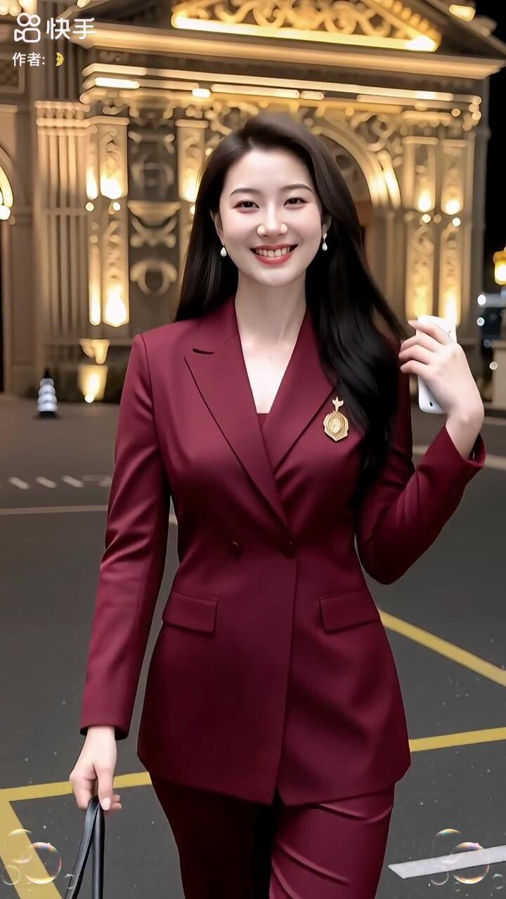 优雅红衣女郎，自信步伐，闪耀夜晚！