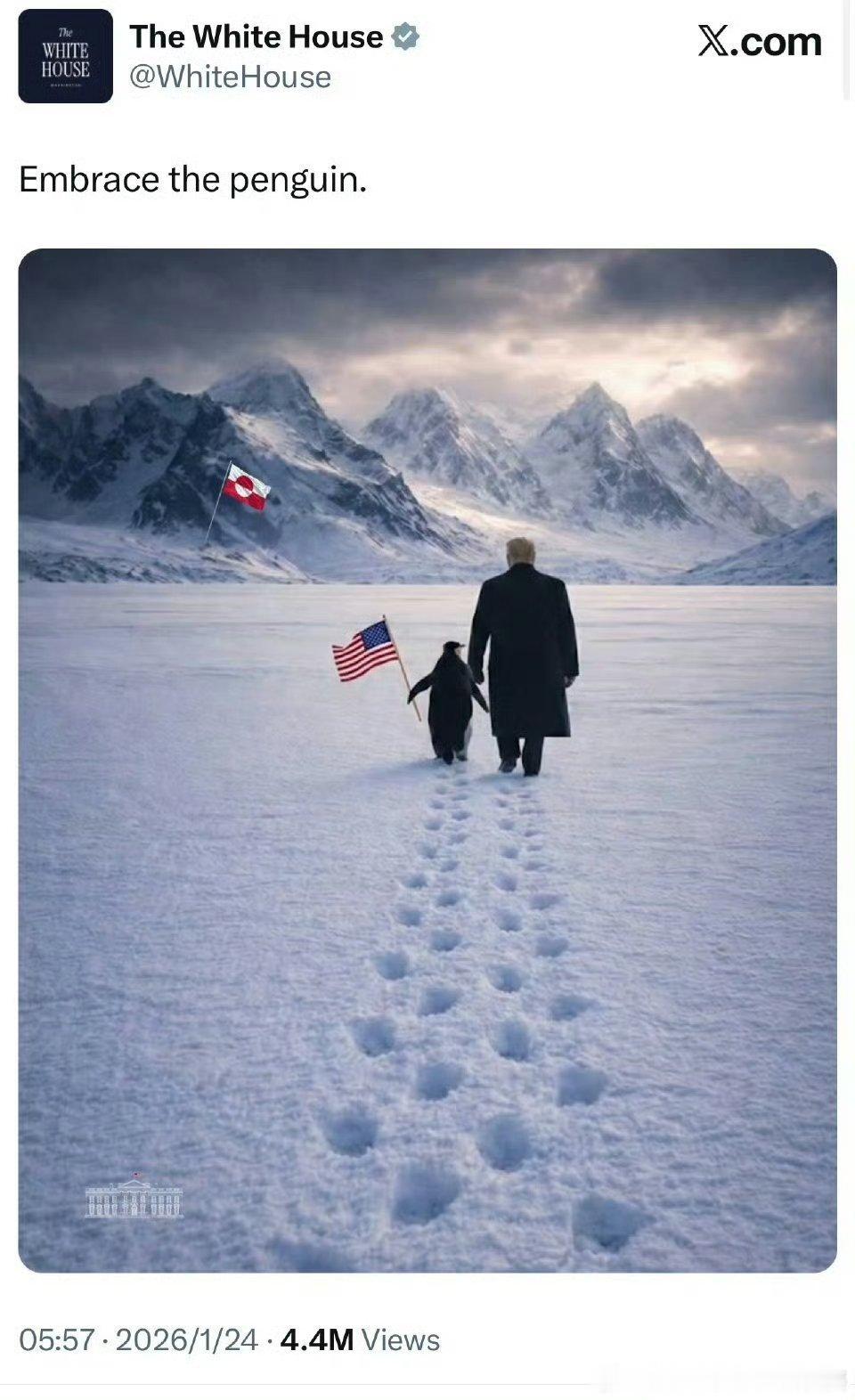 白宫晒特朗普格陵兰牵企鹅照翻车明显是穿着燕尾服的英国人penguin和没戴皇冠的