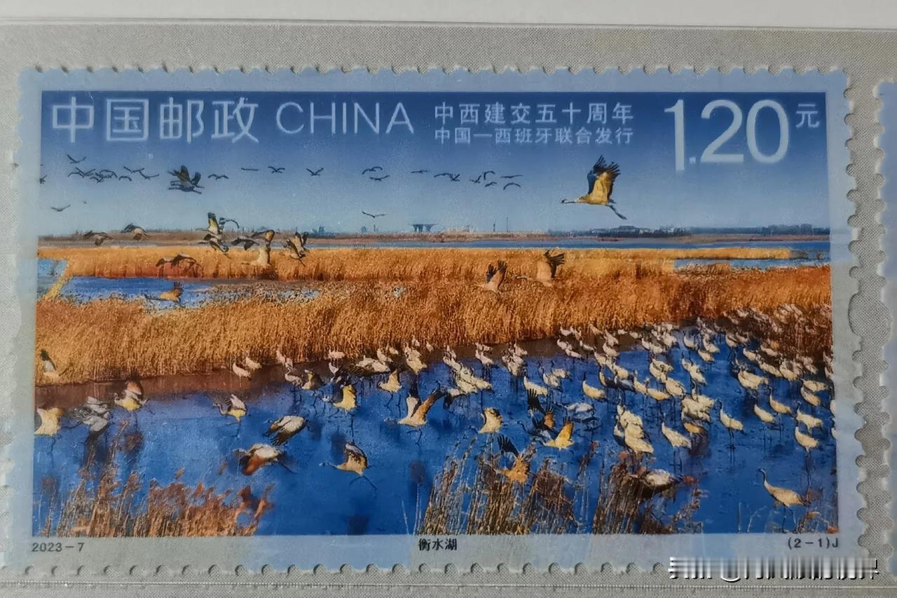 这是为了纪念中国跟西班牙建交50周年，两国同时发行的邮票-中国衡水湖

衡水湖位