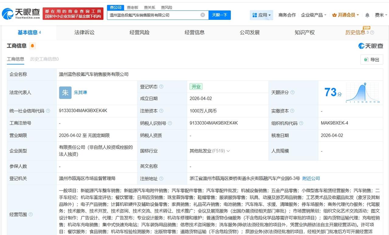 极氪汽车在温州成立新销售服务公司 注册资本1000万

天眼查App显示，近日，