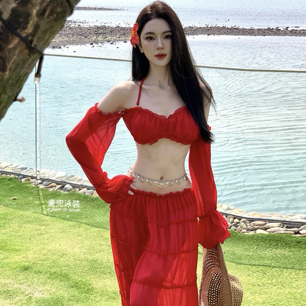 海岛度假长裙高级感泳衣🌹纯欲显瘦比基尼泳装度假风格 度假风泳装美女 比基尼度假