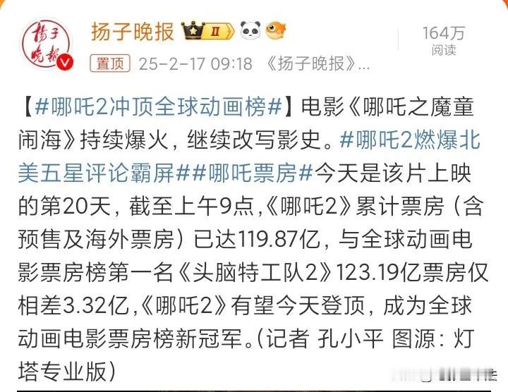 《哪吒2》登顶全球动画电影票房榜已经没有悬念，就看最终在全球电影票房榜能排第几。