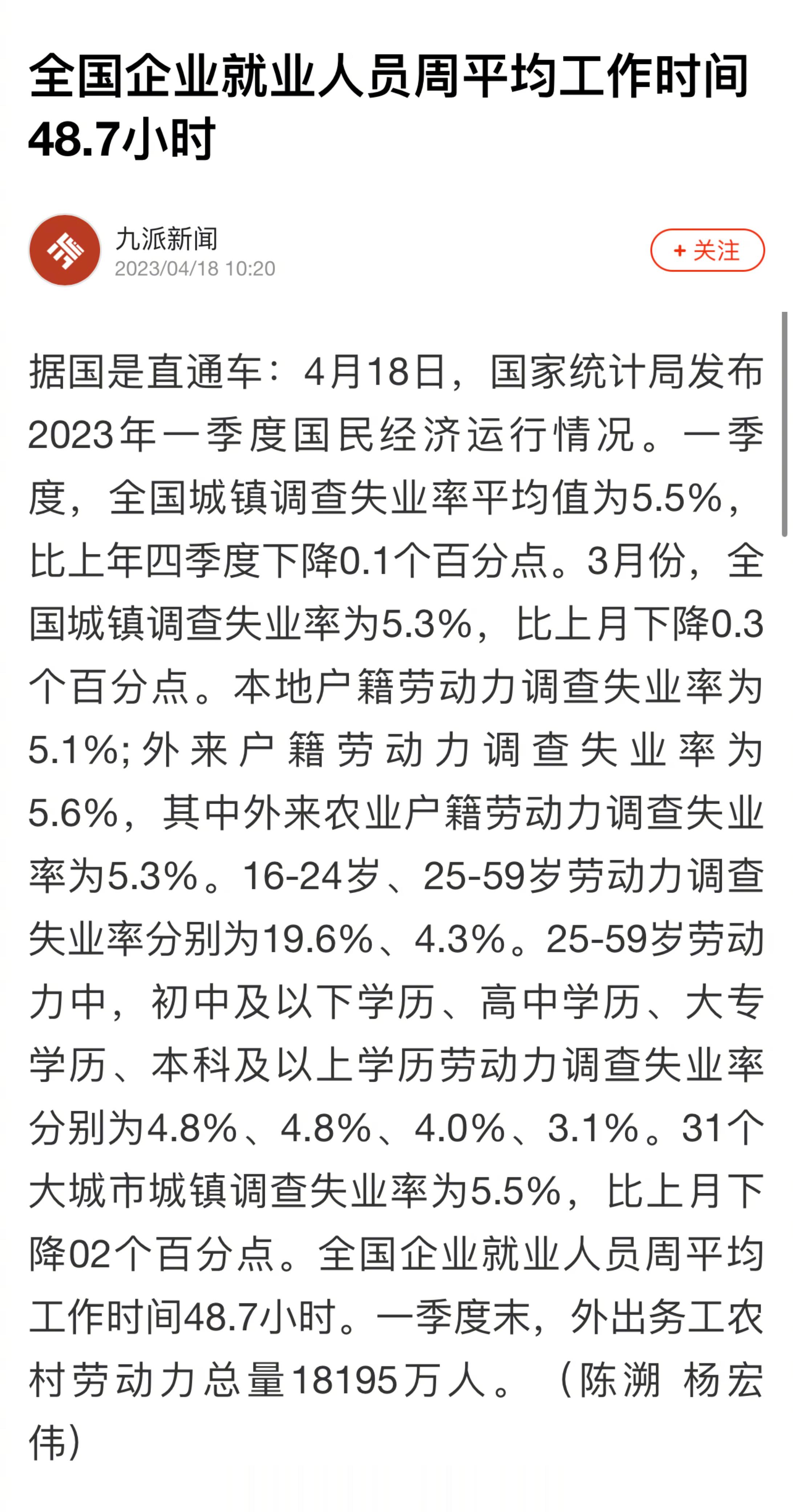 【国家统计局：】4月18日，国家统计局发布2023年一季度国民经济运行情况。一季