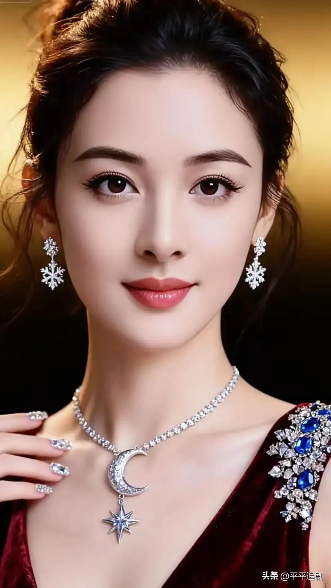 酒红丝绒裹着温柔，星月与雪花缀满眉眼，
暖光漫过肩颈，把璀璨与优雅酿成了眼底的光