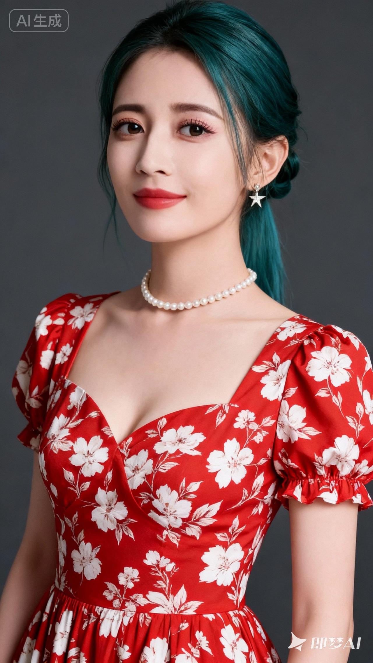 复古红裙与蓝发相映成趣，优雅迷人！🌹💍