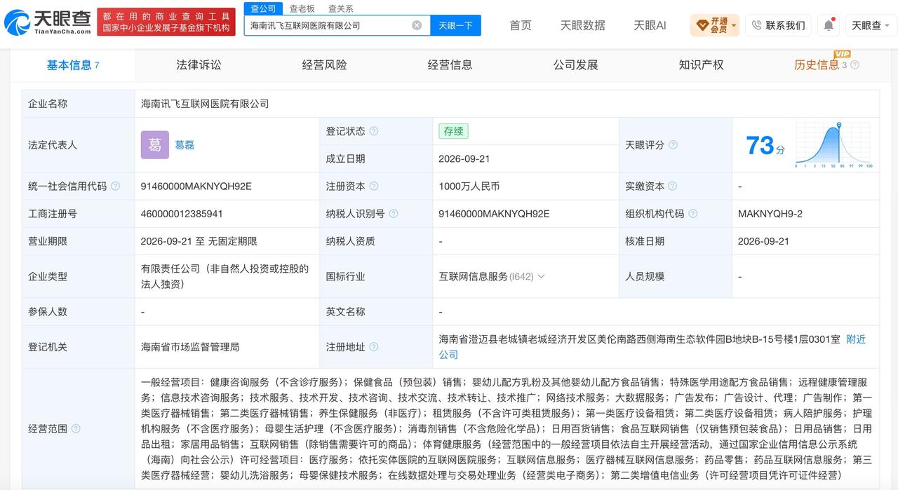 讯飞医疗科技在海南成立互联网医院公司 注册资本1000万元

天眼查App显示，