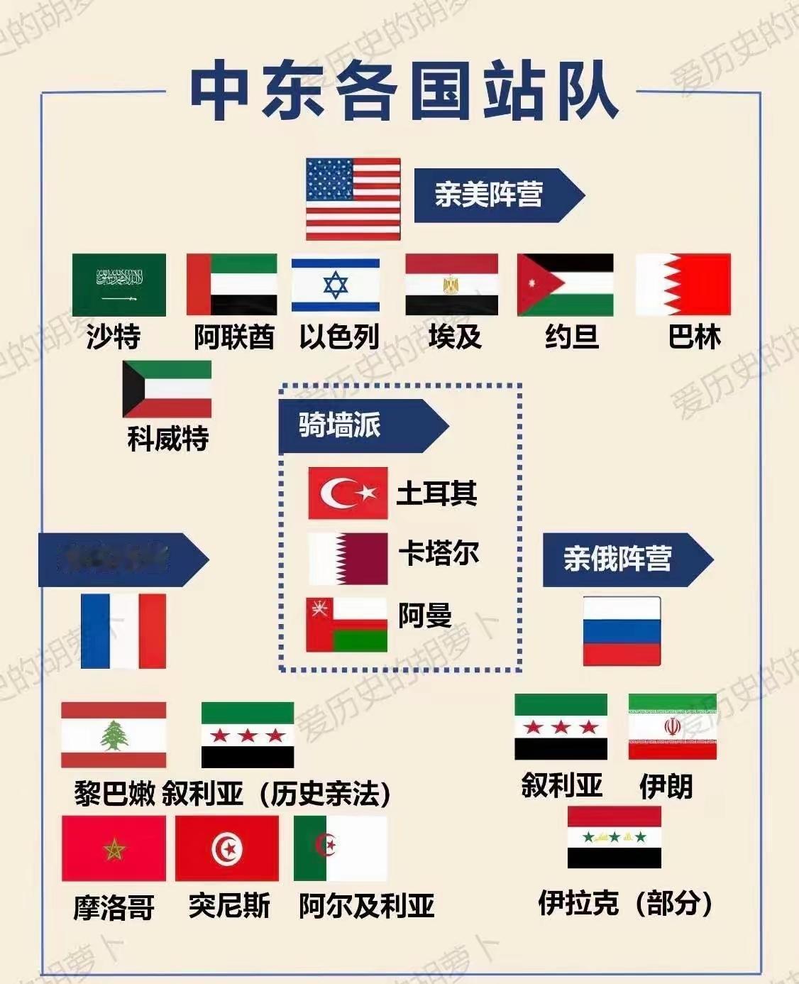 中东各国的立场选择，没想到法国的影响力竟如此之大，看起来站在老美这边的国家更多些