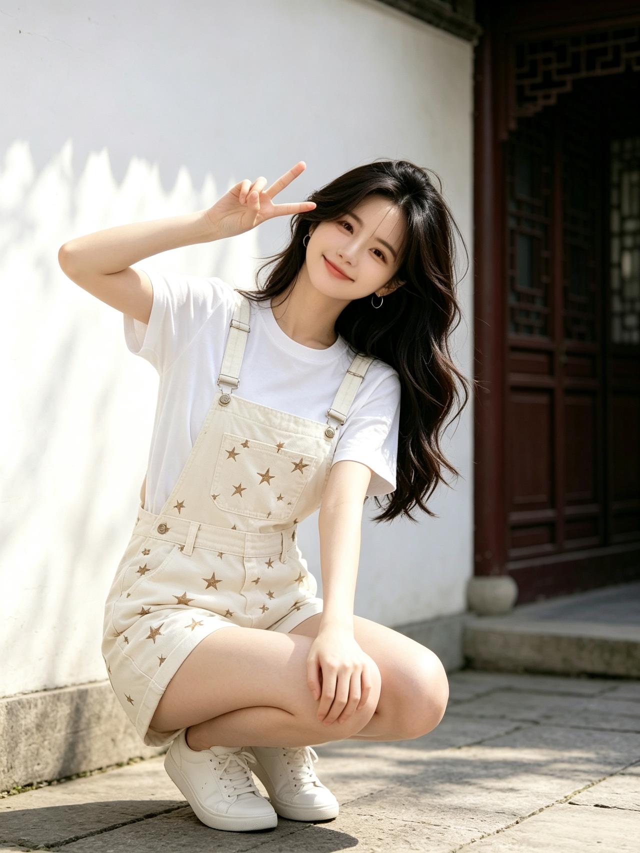 女孩子怎么穿搭既时尚又好看? 
阳光下的俏皮少女，比个耶！白T配星星背带裤，元气