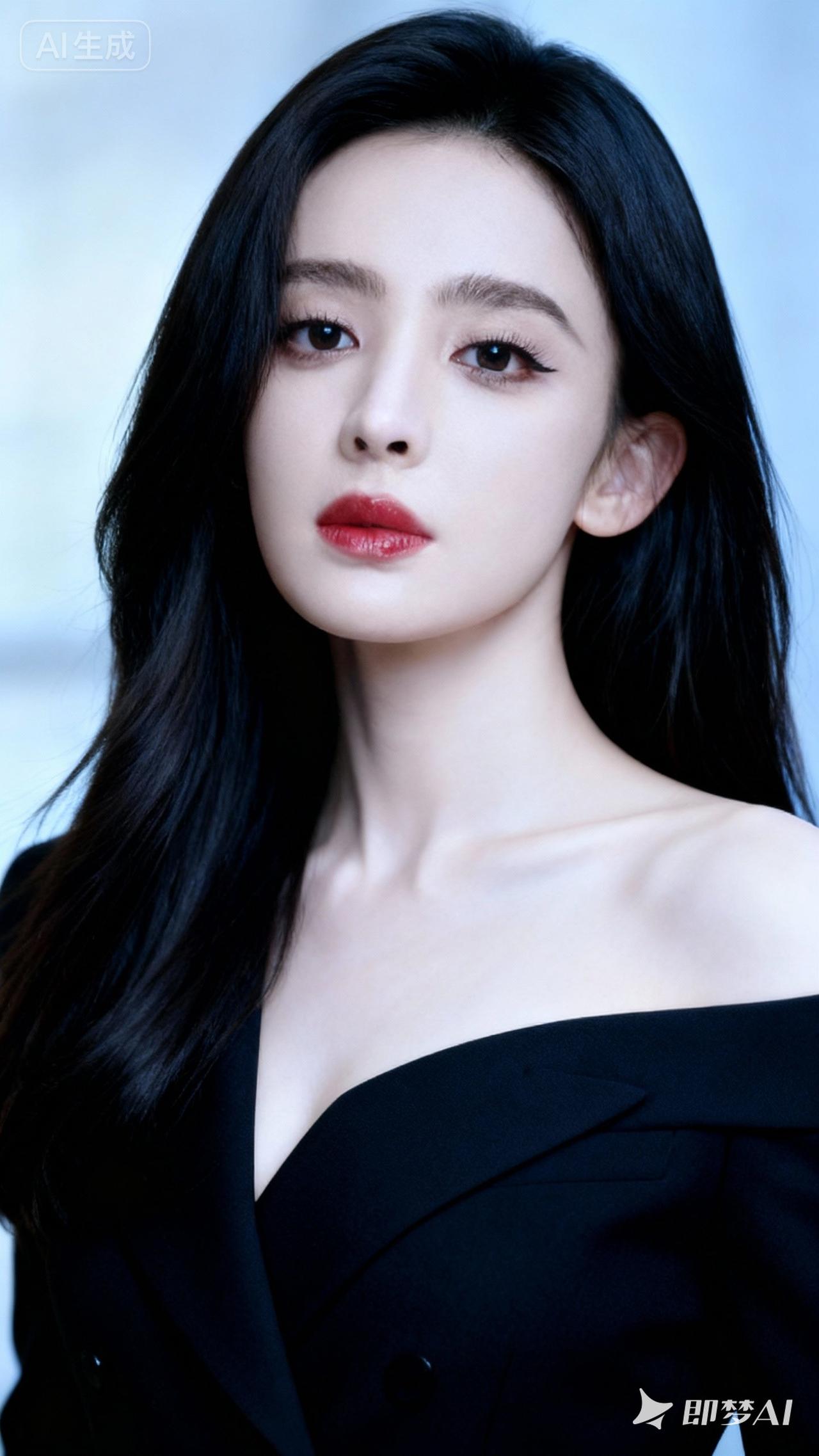 冷艳黑发红唇，优雅气质满分