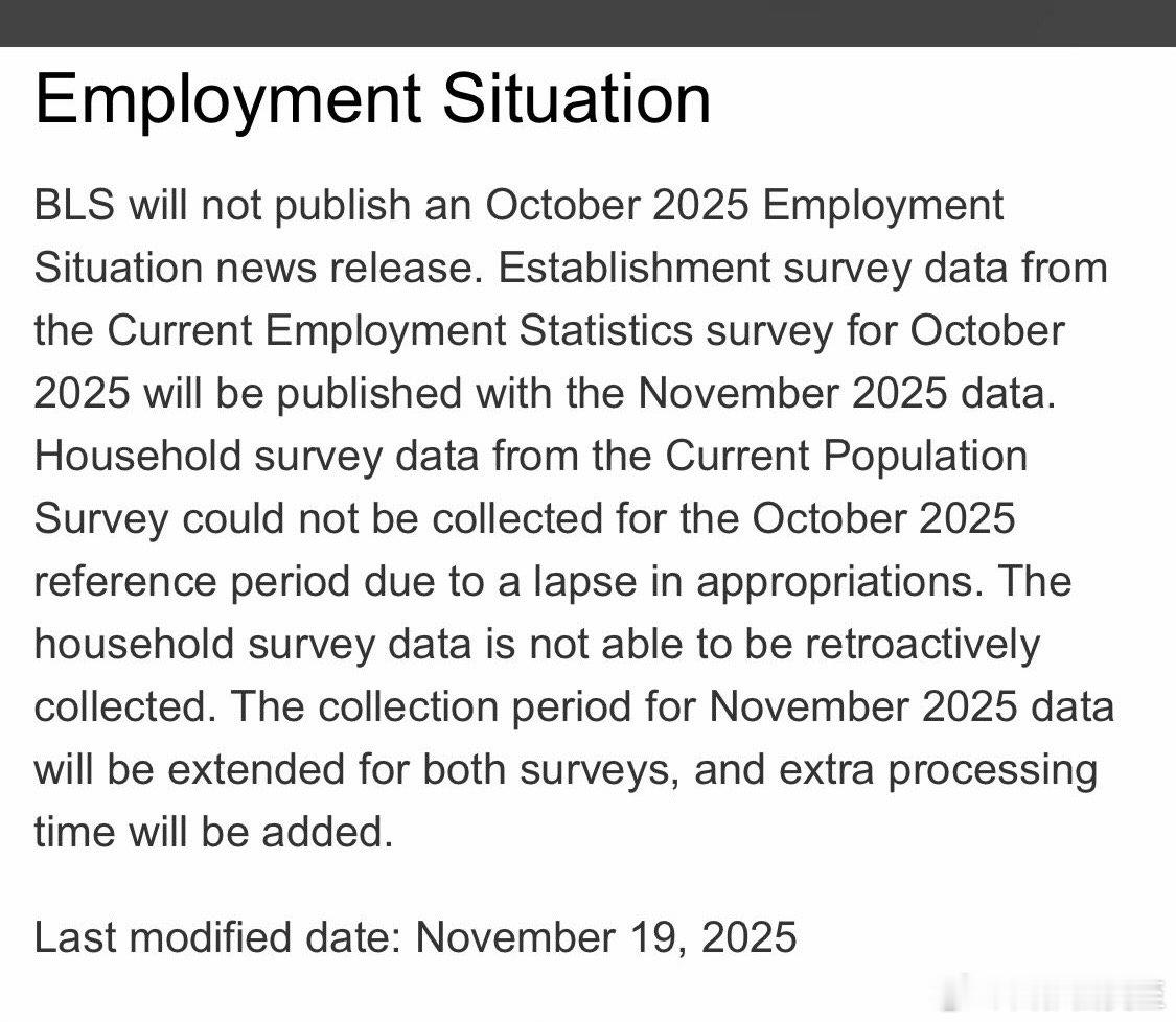 劳工部：十月非农就业，不会发布报告给出的理由：十月政府关门，无法收集数据联邦停发