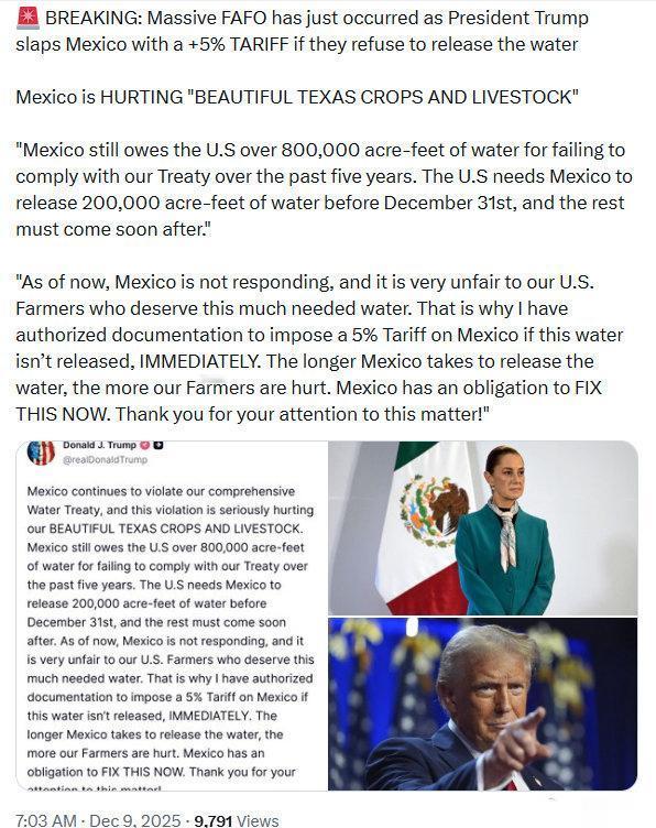 特朗普最近又放话了，这次是为了水。他宣布，如果墨西哥再不按条约放水，美国就要对它