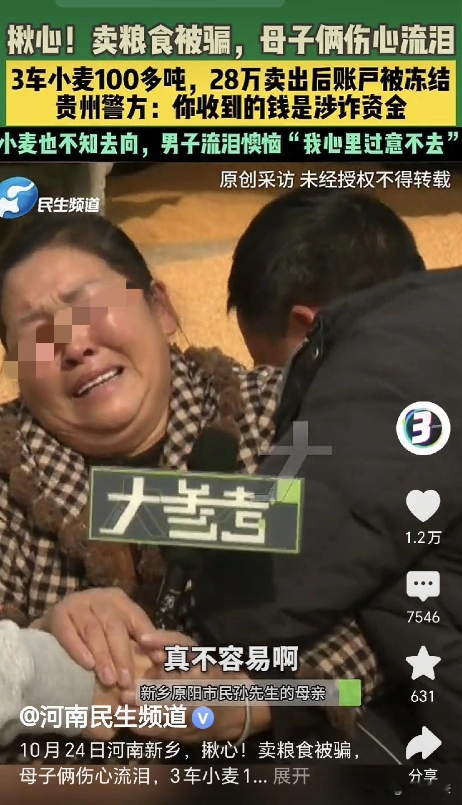 俺卖个粮食，都有骗子来骗俺呀！河南新乡，一男子在网上认识了收粮老板，俩人谈好价钱