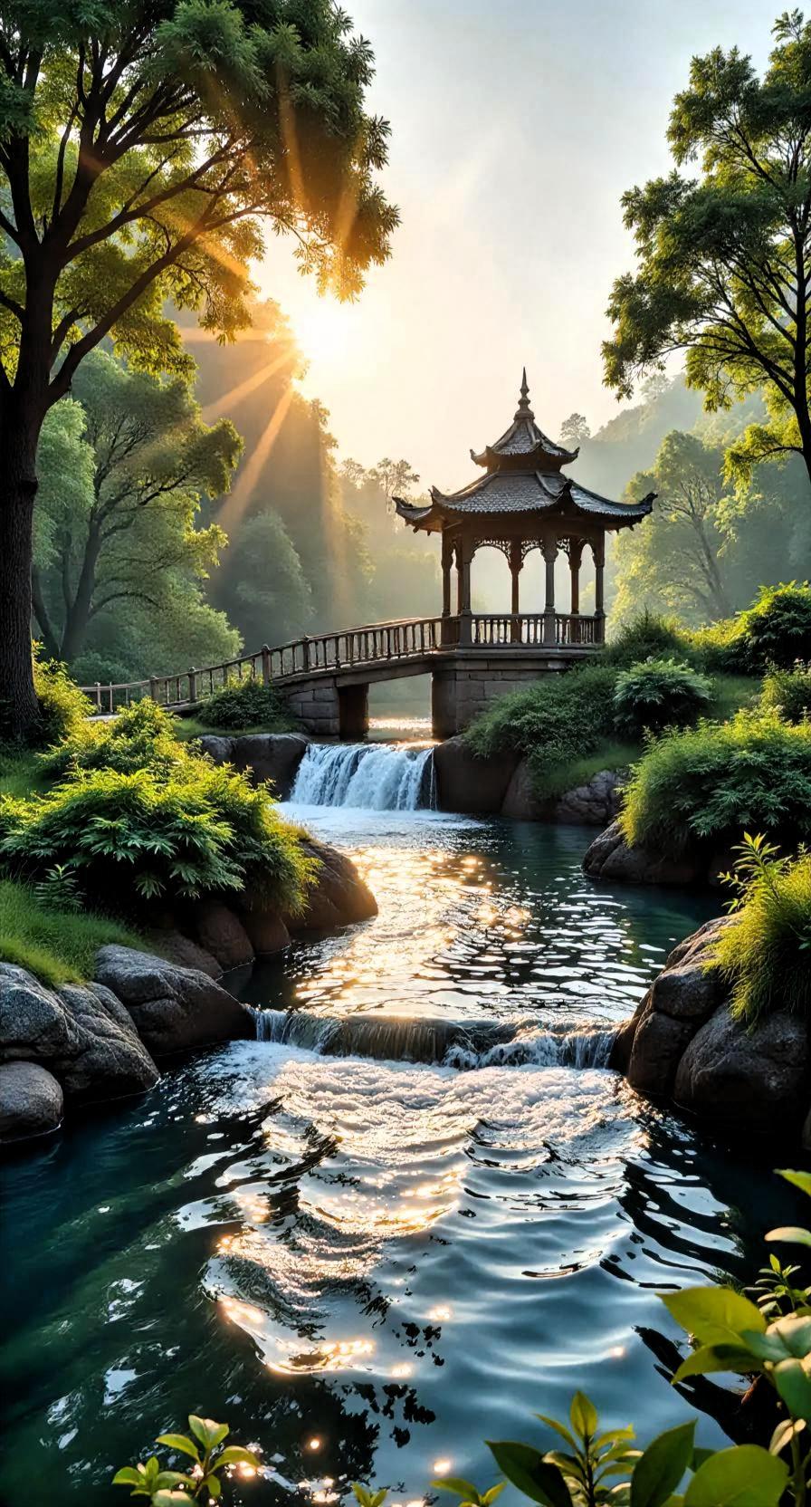 晒一张相册里的风景吧小桥下流水倚亭台，太阳照林荫茂盛相册里风景照 张张都是风景照