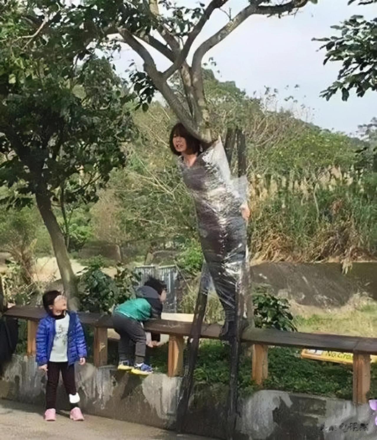 这张照片让人大吃一惊，照片中，一个年轻漂亮的女子被人用透明胶带粘到了树上。由于时