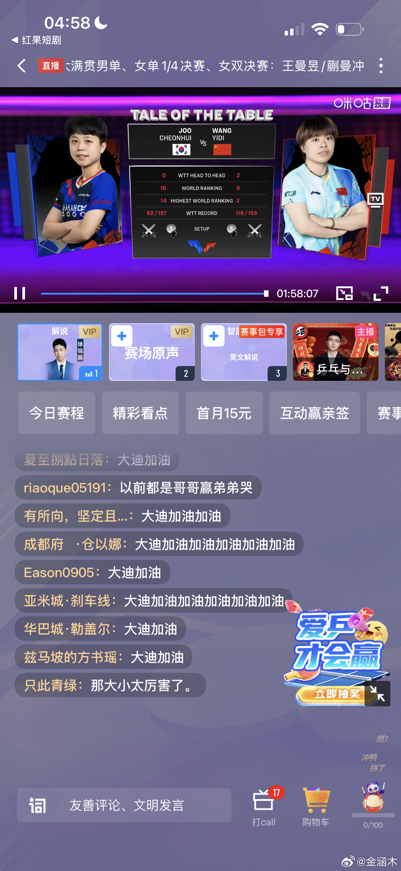 朱千曦vs王艺迪同天时同+8，王艺迪交锋又占优。那就是看大迪4:1，或者接近这个