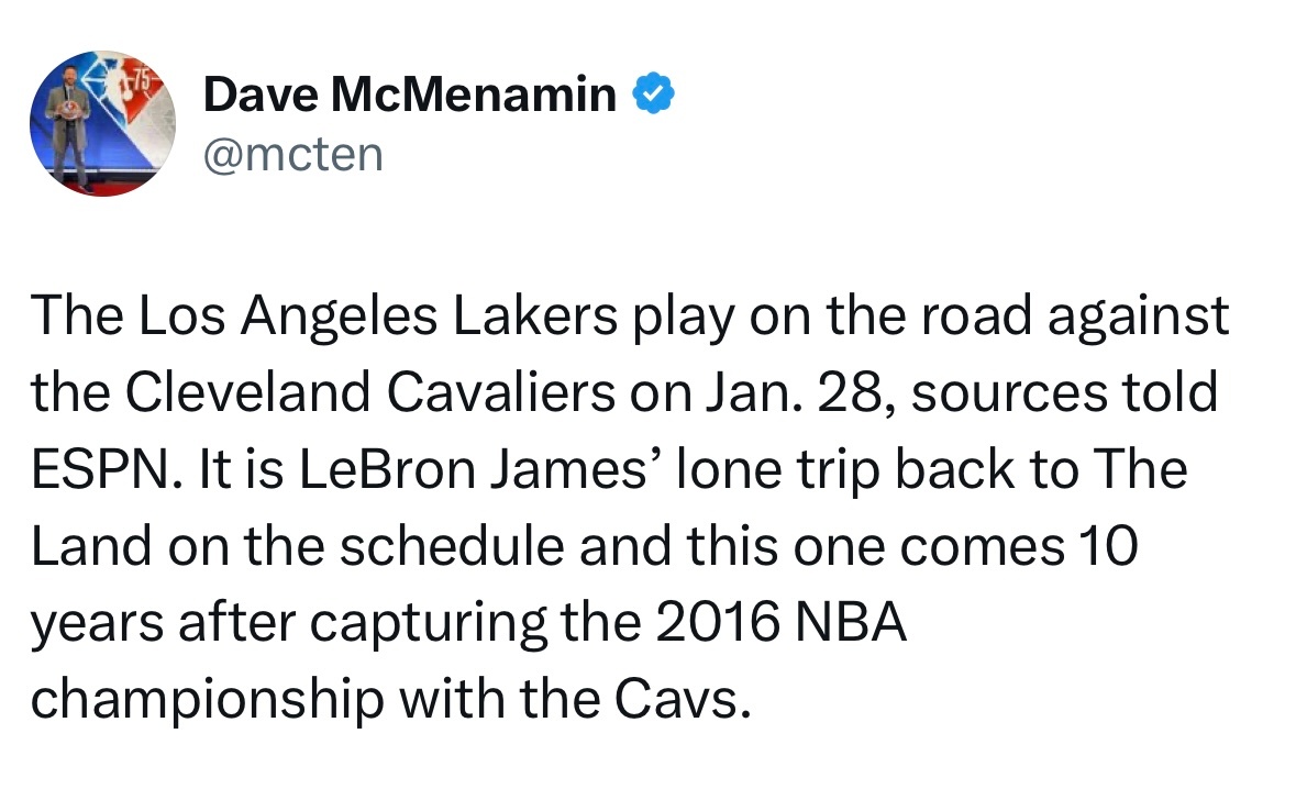 Dave McMenamin：北京时间1月29日，湖人客场对阵骑士，而这一天距离