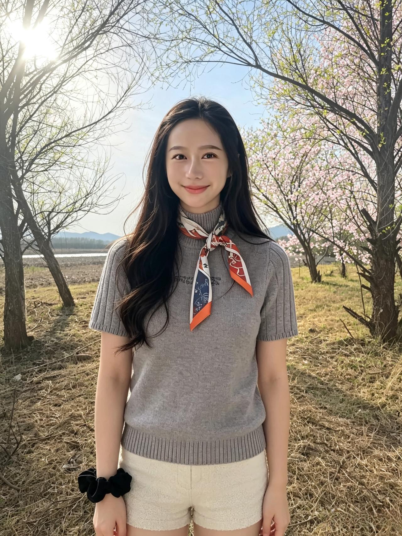 风满川，花满川，佳人亭亭立水畔，
晴光染黛颜。
柳如烟，水如烟，丝巾轻扬拂碧天。