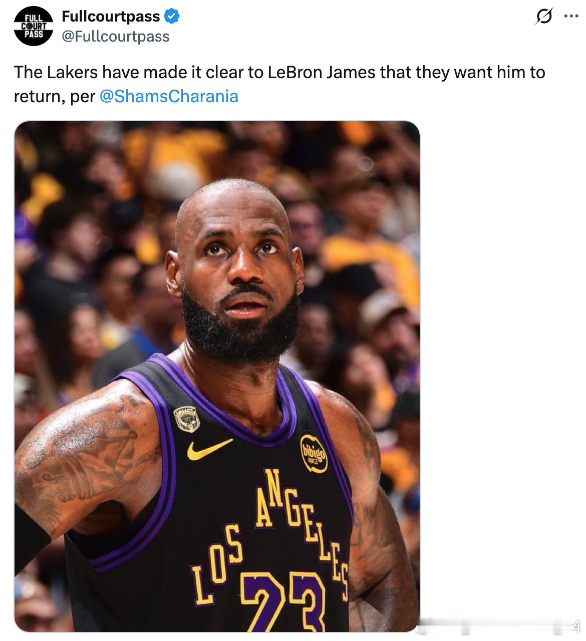 据Shams报道，湖人已向詹姆斯明确表示，球队希望他回归NBA里夫斯希望继续和詹